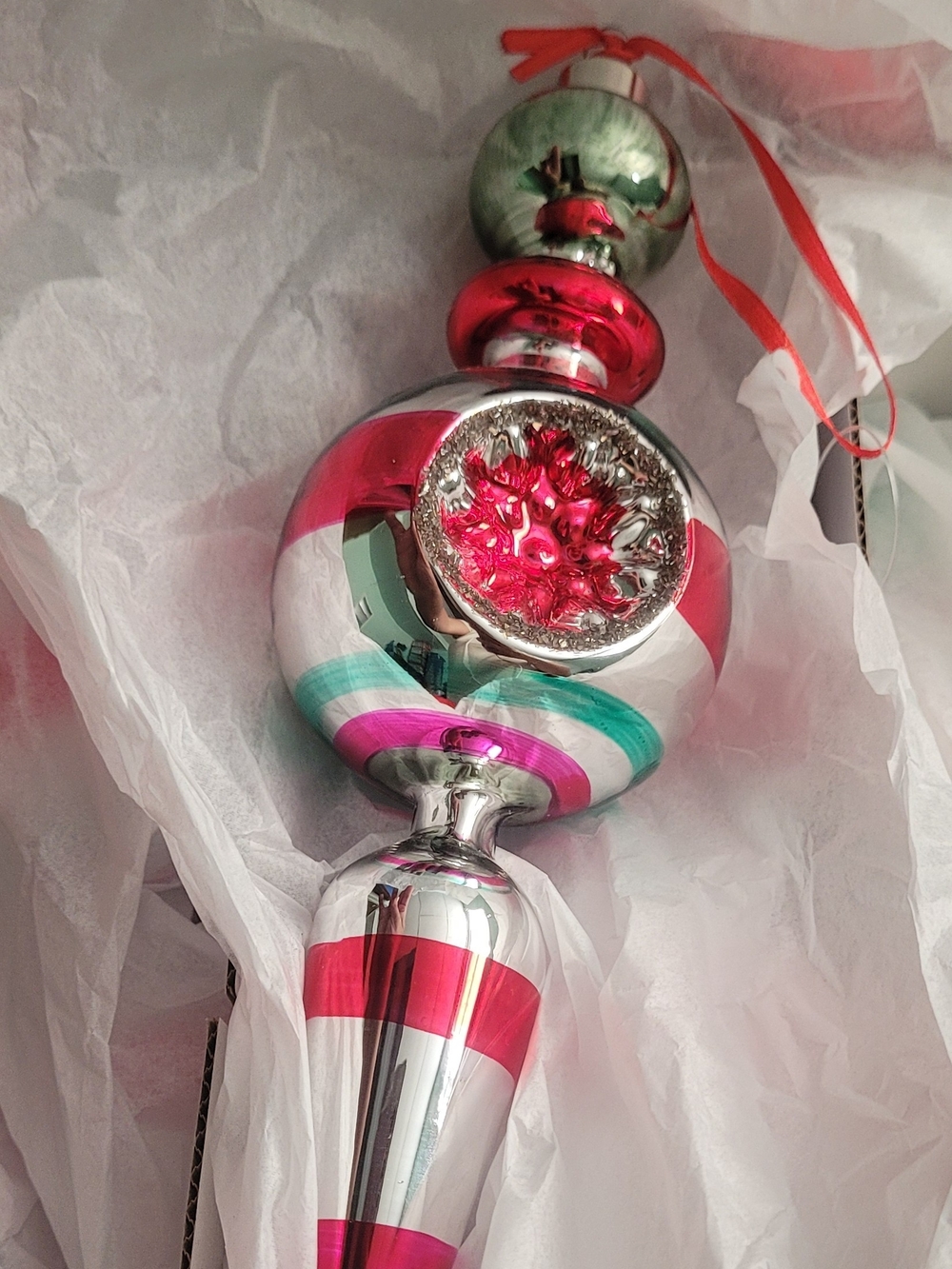 9 Inch Indented Glass Mercury Ornament in Pink, Silver & Green
